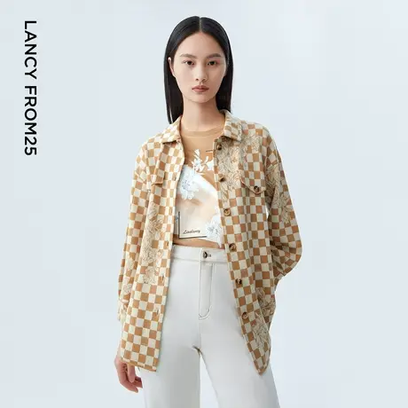 LANCY/朗姿2023秋季新款衬衫领长袖格纹印花设计感翻领针织衫女商品大图