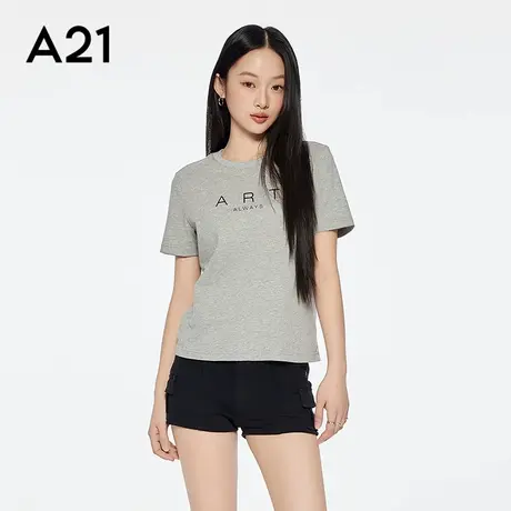 A21女装宽松显瘦字母印花棉T恤简约百搭圆领短袖上衣商品大图