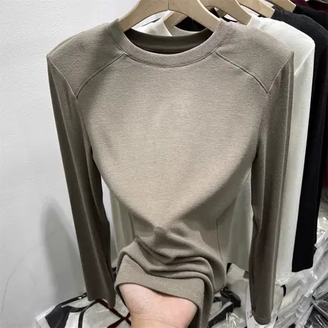 法式洋气减龄垫肩长袖T恤女春秋韩版设计感小众修身内搭打底上衣图片