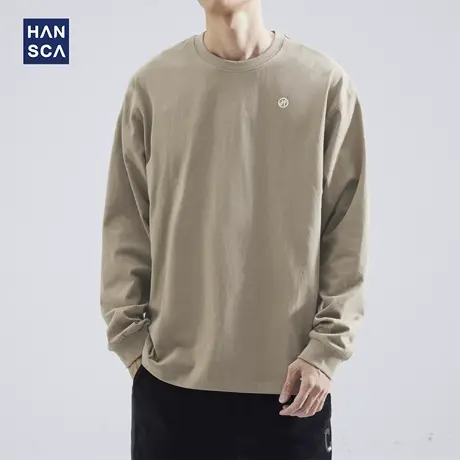 hansca秋季260g美式刺绣长袖t恤男士宽松圆领纯棉体恤内搭打底衫商品大图