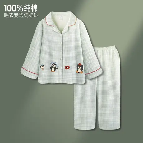 睡衣女款纯棉春秋季长袖可爱小企鹅家居服2025新款秋冬格子套装商品大图