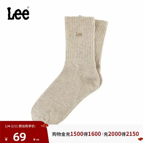 Lee韩国设计25秋冬新品舒适版小刺绣Logo透气吸汗燕麦灰女中筒袜商品大图