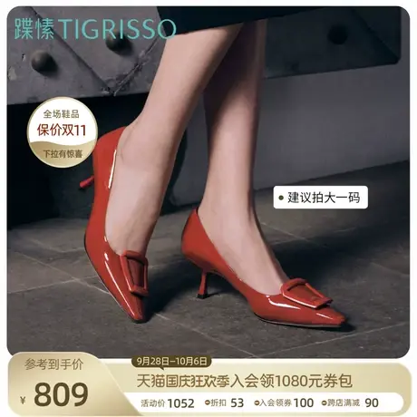 【红唇】蹀愫2023新款方扣中跟漆皮尖头小猫跟高跟鞋TA43587-11t商品大图