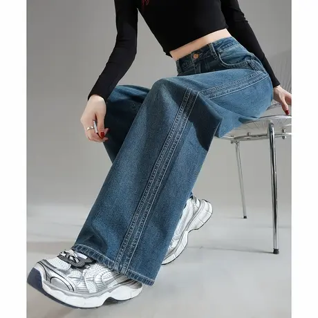 唐狮春季新款牛仔裤女侧边细节阔腿高腰设计感复古显瘦直筒裤TD图片