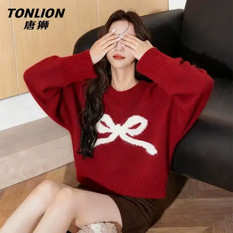 唐狮官方红色针织衫女2026新款冬季女款新年本命年马年套头毛衣VB图片