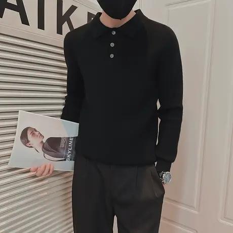 秋冬轻熟风纯色简约男士POLO领针织衫华夫格小众修身韩版毛衣打底商品大图