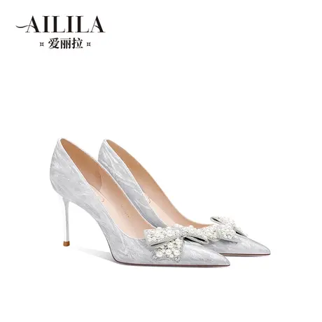 爱丽拉银色法式婚鞋女2023新款细跟新娘主婚纱高跟鞋不累脚高级感商品大图