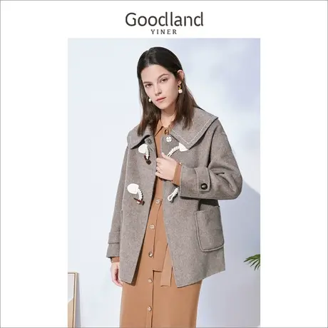 音儿美地女装2022冬季新款牛角扣娃娃领羊毛双面呢大衣外套商品大图