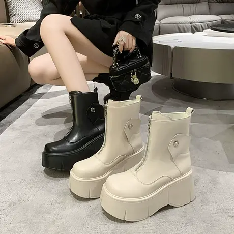 厚底英伦风靴子女时装小短靴2023年新款秋季高跟小个子增高马丁靴商品大图