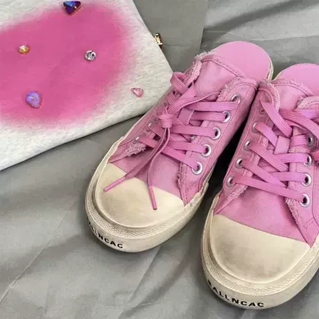 粉色脏脏鞋女2023年夏季新款休闲包头半拖圆头系带平底透气帆布鞋商品大图