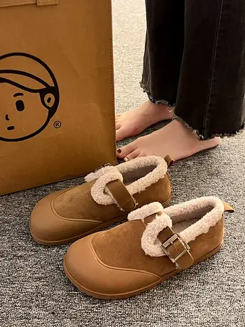加绒勃肯鞋女2023新款秋冬保暖一脚蹬平底豆豆鞋复古乐福鞋毛毛鞋商品大图