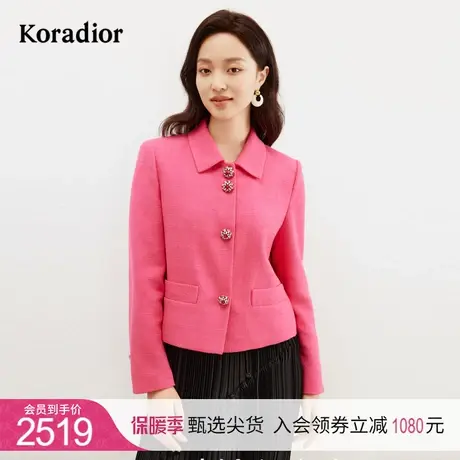 珂莱蒂尔女装2023年冬季西装领短款呢子大衣单排扣拼接设计外套图片