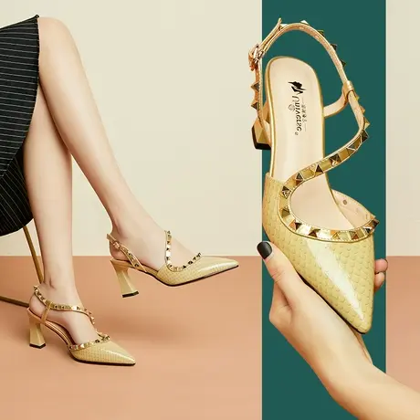 清仓百搭高跟包头凉鞋夏季时尚铆钉尖头气质粗跟女鞋里外真皮商品大图