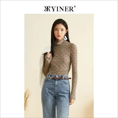 XYINER音儿女装秋季小众设计上衣长袖印花半高领t商品大图