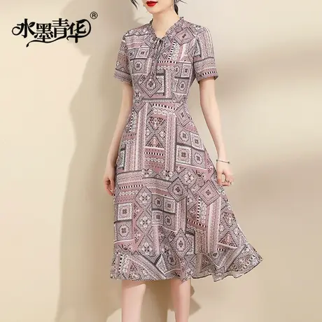水墨青华2024夏季新品百搭显瘦系带领印花裙时尚短袖东风纱连衣裙商品大图