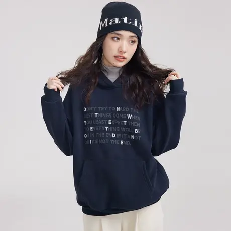 美潮超好看设计感美式复古连帽加绒加厚卫衣女秋冬2023新款爆款商品大图