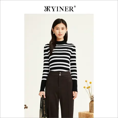 【美丽诺羊毛】YINER音儿女装2022冬新款羊毛条纹针织衫图片