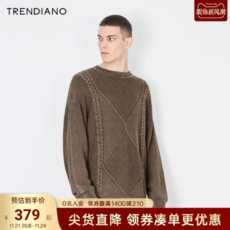 TRENDIANO官方复古麻花编织圆领纯棉宽松套头衫男潮2023新款冬季图片