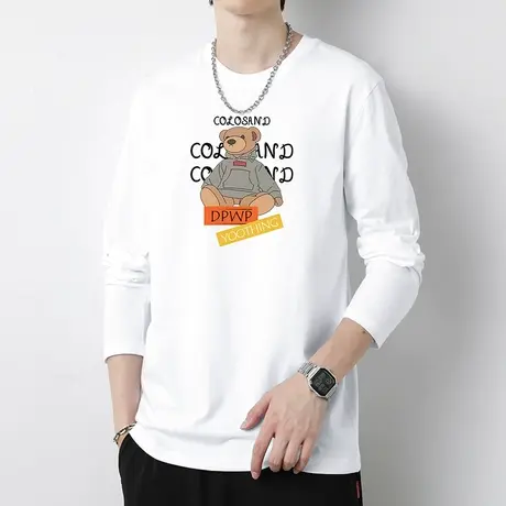 纯棉长袖t恤男潮牌小熊印花内搭打底衫秋季小衫宽松全棉白色体恤商品大图