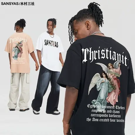 木村三社SANSYAS 纯棉重磅舒适宽松t恤男美式天使印花透气短袖商品大图