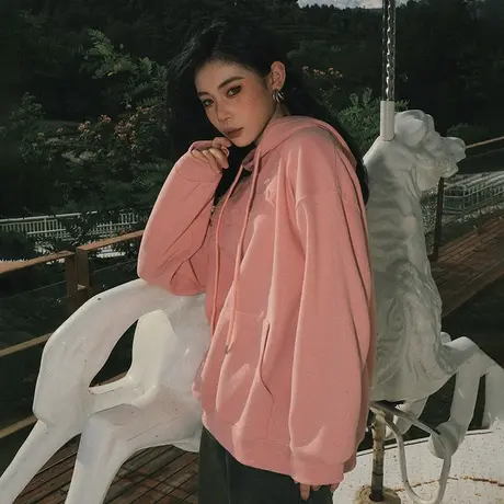 yep美式复古连帽卫衣女春秋2024新款高级感粉色宽松oversize上衣图片