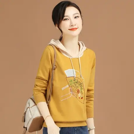 韩潮袭人2024套头刺绣连帽针织衫春季新款撞色休闲套头毛衣上衣女图片