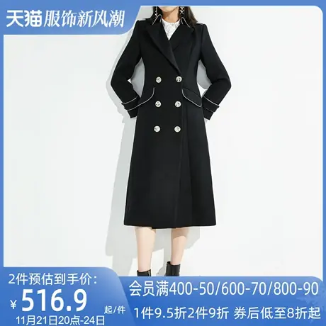 AUI御姐气质黑色中长款毛呢外套2023秋冬新款高级显瘦呢子大衣女图片
