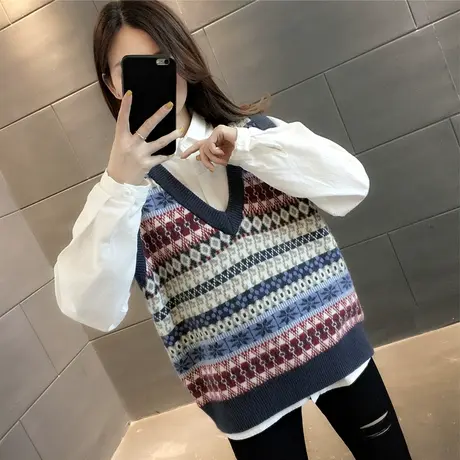 时尚V领提花针织背心女外穿春装2023年新款宽松内搭打底毛衣马甲商品大图