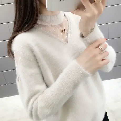 水貂绒半高领毛衣女加厚打底衫2023秋冬新款蕾丝针织衫内搭上衣潮商品大图