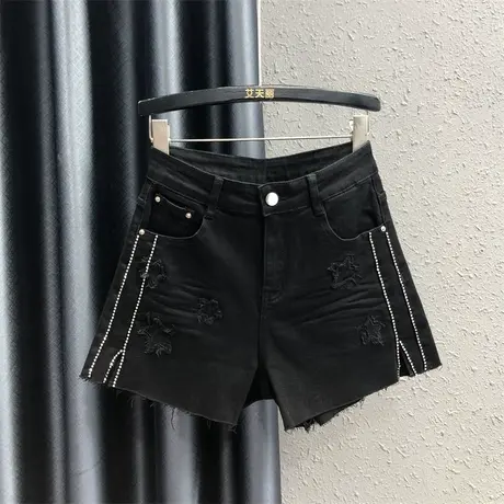 欧货重工烫钻牛仔短裤女2023秋季新款个性磨破开叉宽松显瘦阔腿裤图片