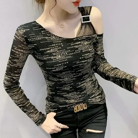 性感露肩T恤女长袖春秋2024新款修身气质网纱上衣紧身内搭打底衫商品大图