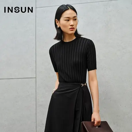 INSUN恩裳线上专选秋季坑条抗皱修身冰丝针织衫商品大图