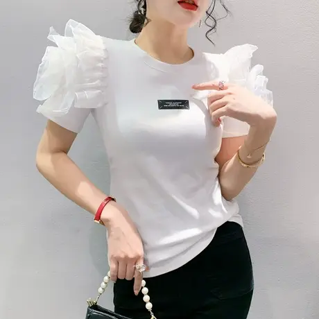 设计感木耳边短袖T恤女2024夏季新款网纱拼接个性上衣百搭体恤衫商品大图