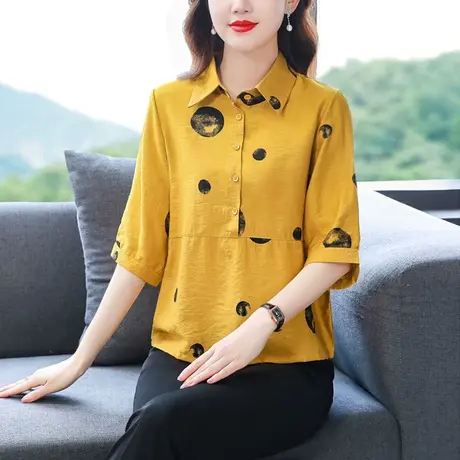 棉麻衬衫女短袖夏装2023新款波点中年妈妈衬衣宽松遮肚子洋气上衣商品大图