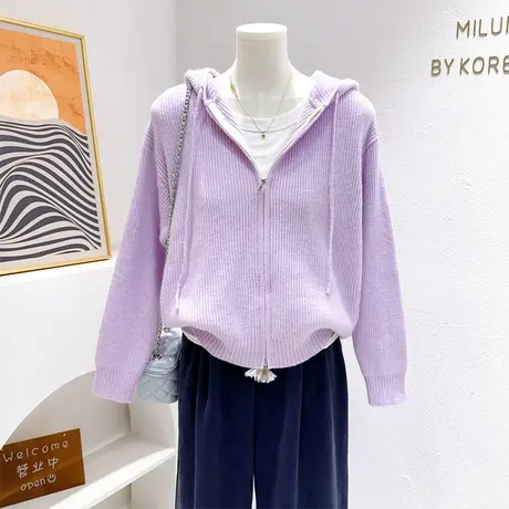 秋冬款开衫毛衣韩系ins温柔紫色连帽加厚针织衫外套软糯奶呼呼蓝图片