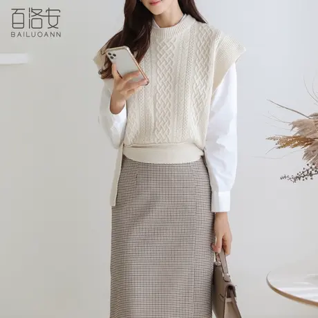 百洛安坎肩针织马甲女春装新款系带时尚外穿洋气无袖麻花毛衣背心图片