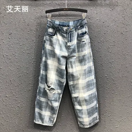 复古港味格子裤直筒高腰破洞阔腿裤潮春夏季新款显瘦薄款牛仔裤女图片