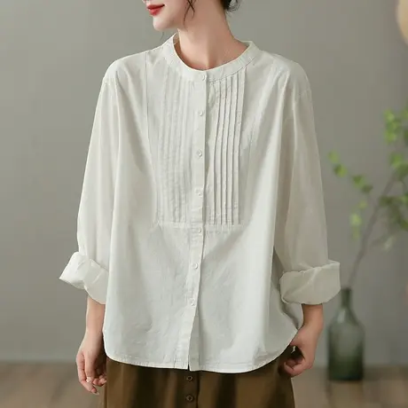 dza 复古白色长袖衬衫女士春秋新款纯棉显瘦上衣宽松漂亮短款衬衣图片
