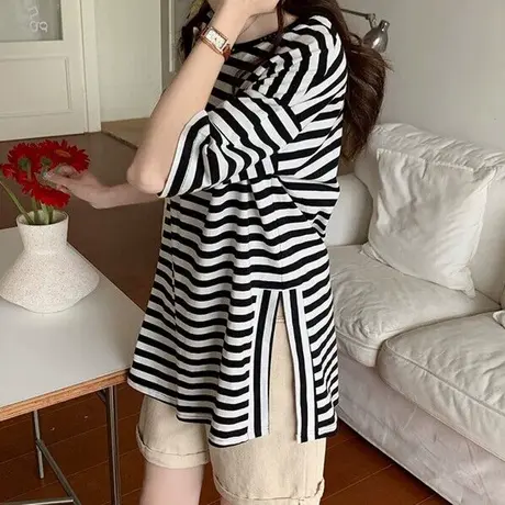 下摆开叉半袖T恤女夏装宽松显瘦设计感小众别致中长款条纹上衣潮商品大图