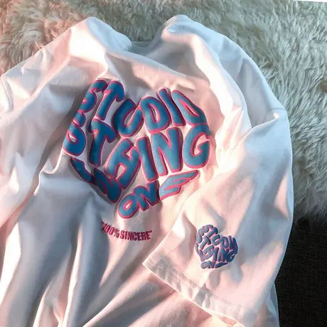 胖mm欧美ins潮T恤女夏季宽松纯棉hiphop潮牌爱心大码女装短袖上衣商品大图