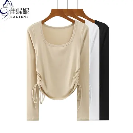 秋冬新款U领修身显瘦纯欲短款纯棉纯色抽绳长袖体恤上衣女打底衫商品大图