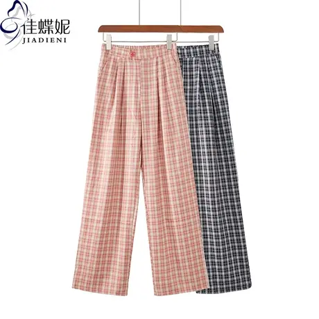 夏季新款韩版直筒休闲宽松格子长裤女下装西裤裤子后背松紧带显高商品大图