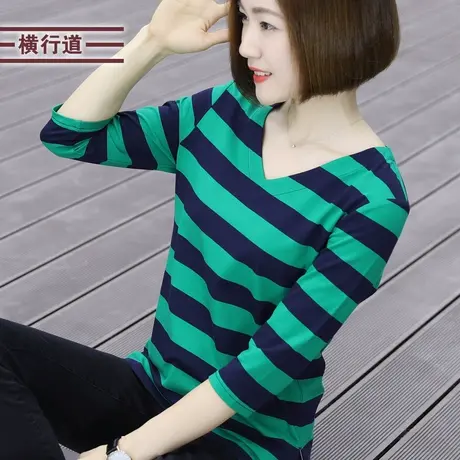 2025春季条纹胖MM中年妈妈中袖t恤女装v领打底衫女外穿七分袖上衣商品大图