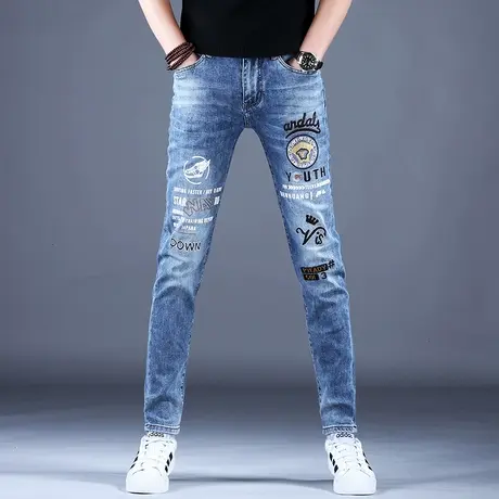 轻奢印花高档牛仔裤男款修身小脚裤子秋冬潮牌弹力百搭男士休闲裤商品大图