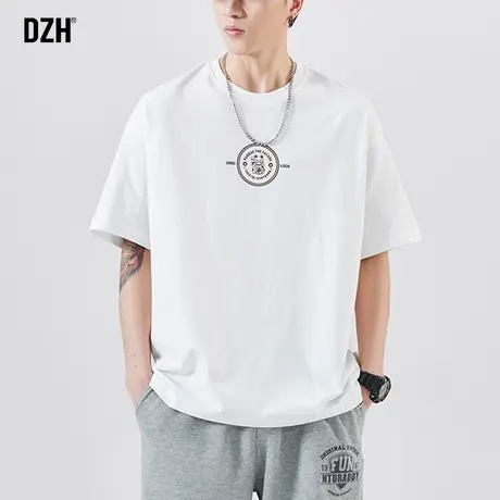 男士招财猫印花短袖T恤男夏季2023新款白色宽松半袖五分袖体恤男商品大图