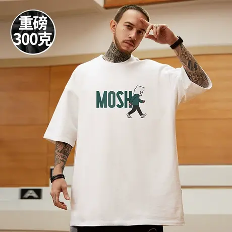 300g重磅美式字母印花短袖t恤街头大码白色圆领纯棉简约半袖男潮商品大图