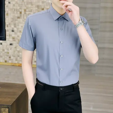 夏季竹纤维短袖衬衫男士修身商务职业装工作服短袖衬衣垂感白寸衫图片
