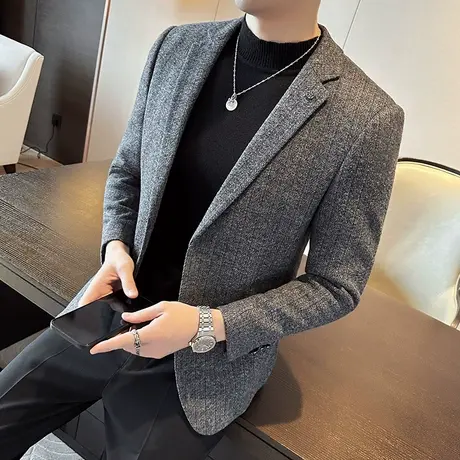 羊毛西服男秋冬款灰色垂感两粒扣呢子外套潮流痞帅休闲小西装上衣图片