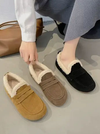 软底豆豆鞋女毛毛鞋舒适冬季一脚蹬棉鞋女加绒平底棉鞋配大衣的鞋商品大图