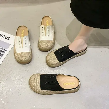 一脚蹬晚晚鞋2023春季新款复古百搭懒人休闲配裙子帆布女包头半拖商品大图